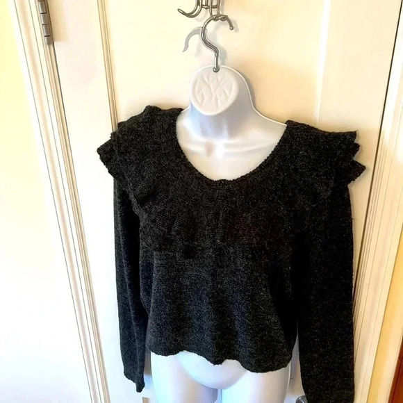 NWT Wool Blend Sweater Womens Large Gray Cropped Cottagecore Feminine Ruffle - Picture 3 of 16